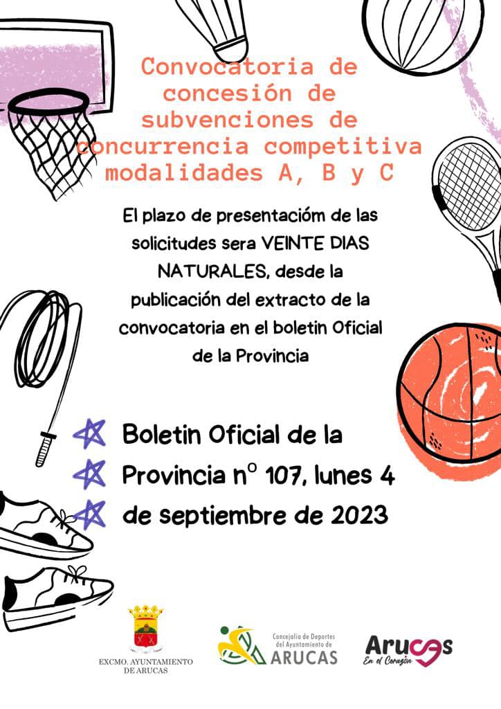 La concejalía de Deportes del ayuntamiento de Arucas convoca la concesión de subvenciones de concurrencia competitiva para las modalidades A,B,C